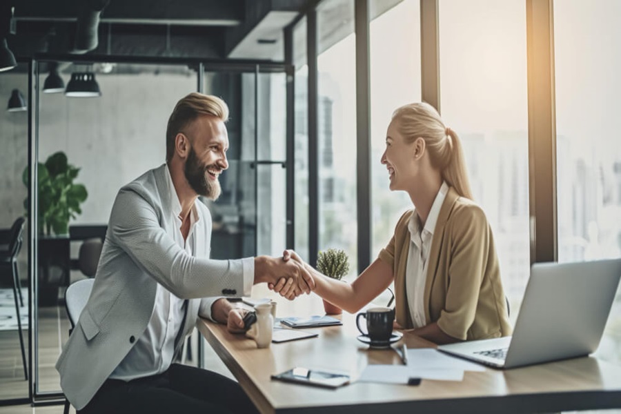 change careers man and woman shake hands