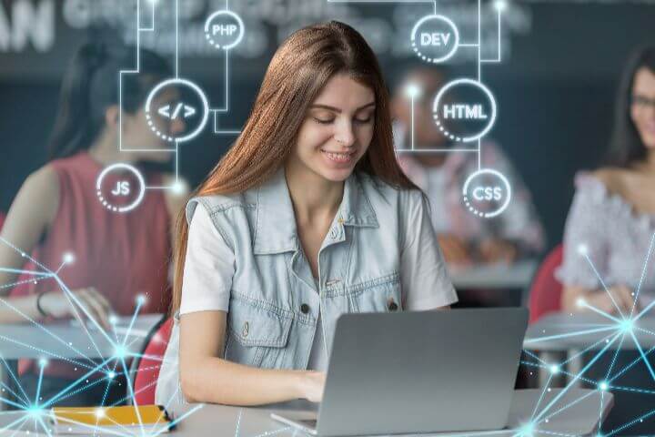 woman working on computer in work programming
